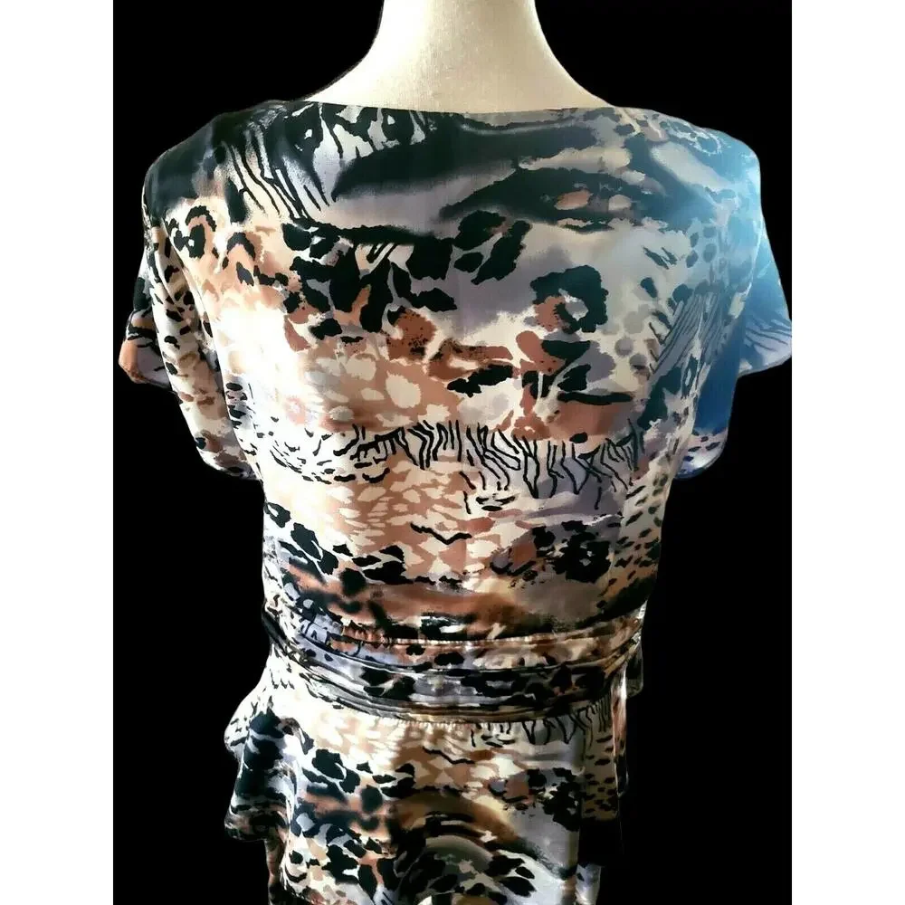Dana Kay Satin Brown Black Animal Print Cap Sleeve Pleated Top Skirt Set Sz 16